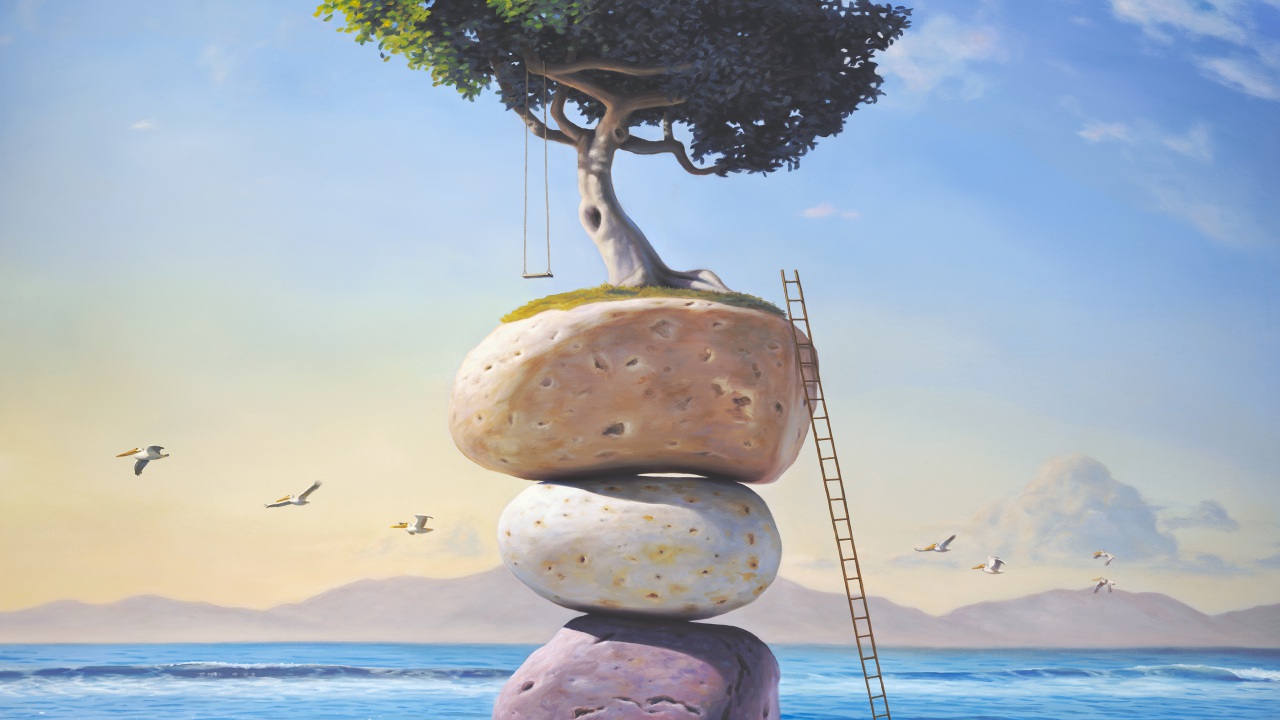 A Hymn to the Summer of My Long Ago, art wtih painting of a tree and tree swing perched on top of stacked stones on the beach with a ladder