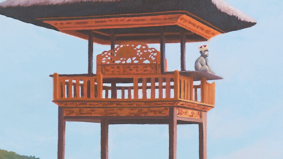 An Allegory on the Principles of Meditation, painting of Balinese temple atop stacked stones art with stacked rock cairn