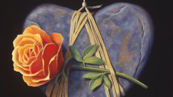 An Enthusiastic Proposal of Deceptively Singular Importance, painting of heart stone suspended by twine with a scroll and orange rose