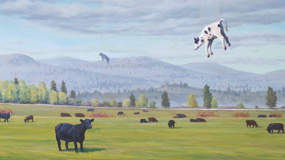 Ascending Cows aka the Great Bovine Rapture, painting of cows ascending to the sky