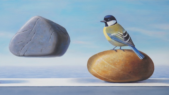 Envy, painting of a bird sitting on a rock staring at a floating rock
