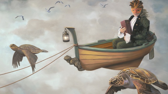 Flight of the Muse, painting of a woman wearing a carnival mask and costume in a flying boat, painting with flying turtles and seagull birds leading the way