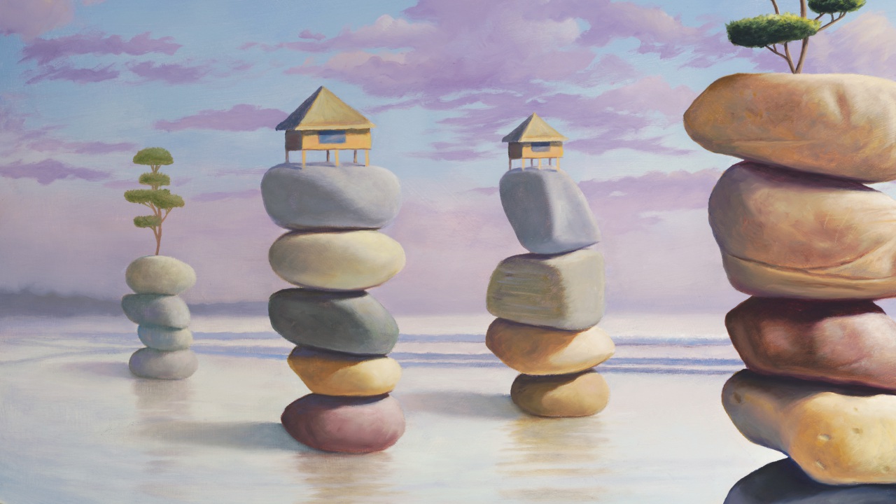 Happiness By Design, painting of five stacked stone cairns in the ocean