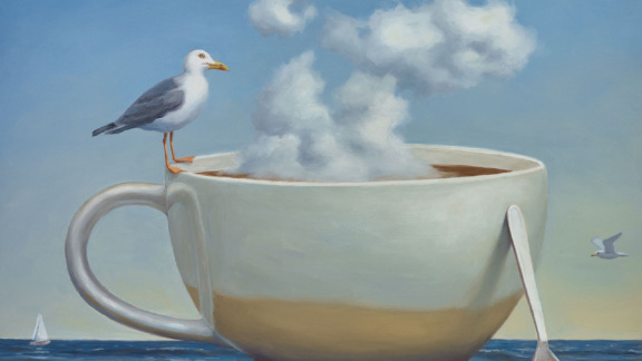 painting of seagull sitting on a cup of coffee on a beach