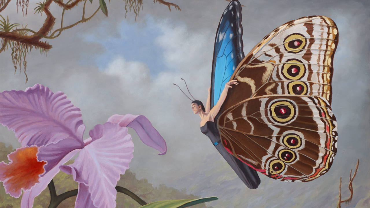 Morpho, painting of Blue Morpho Butterfly, art of Costa Rica, art with woman as butterfly