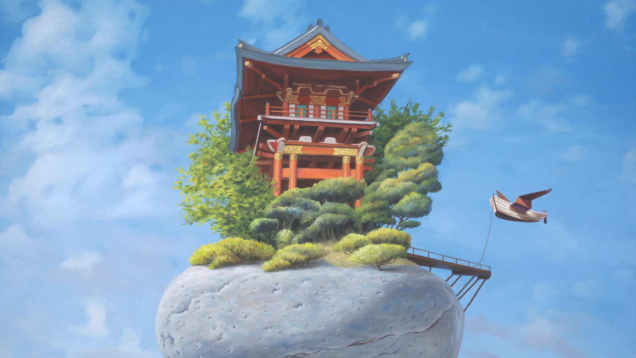 Ode to a Zen Koan, painting of a Japanese temple sitting on top of stacked stones