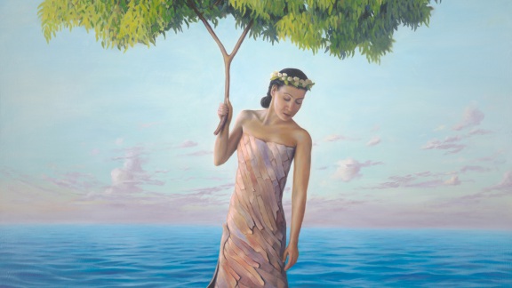 Sanctuary, painting of a eucalyptus tree as a woman, painting of a woman wearing a tree bark dress holding a eucalyptus tree branch surrounded by ocean waves and clouds