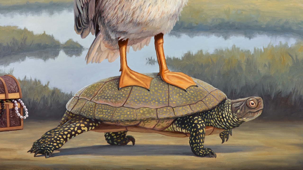 The Accidental Monarch, painting of a pelican on a turtle, painting about wealth and inheritance