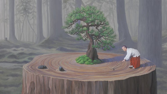 The Compassionate Gardener, painting of a monk raking a tree stump