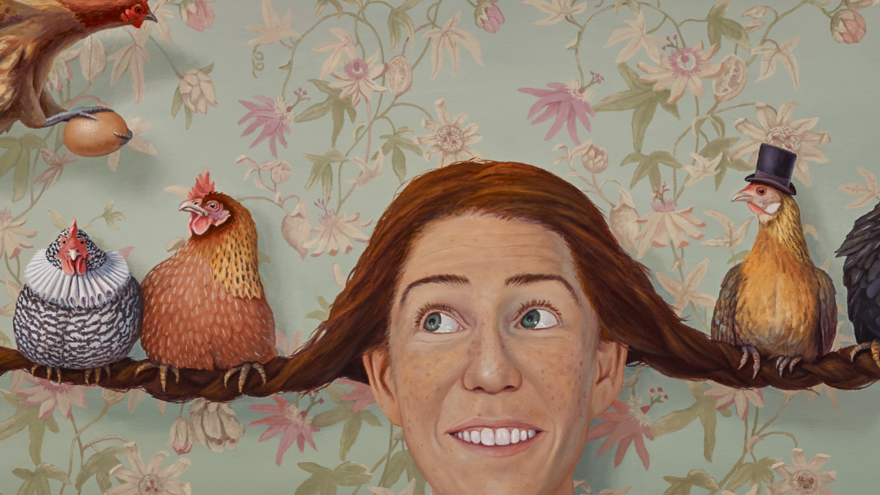 The Giver, painting of girl with ponytails, art about surrogacy, painting of hens, animal art, art with chicken, pigtail braids on redhead girl painting, Pipi Longstocking, art with roosting chickens, art about motherhood