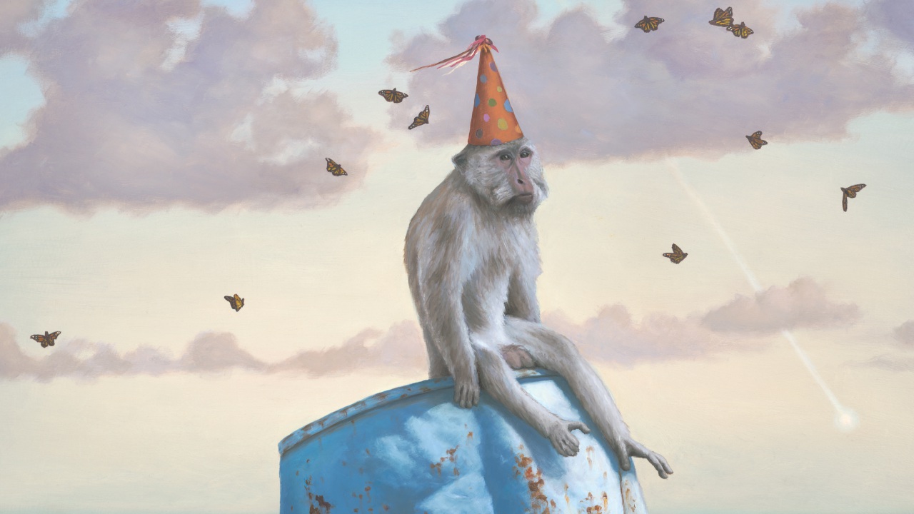 The Remarkable Circumstantial Adaptability of Man, painting of a monkey wearing a party hat floating on a barrel in the ocean, art with long tailed macaque
