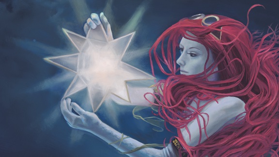 The Star Hanger, painting of a steam punk girl floating in night sky holding star