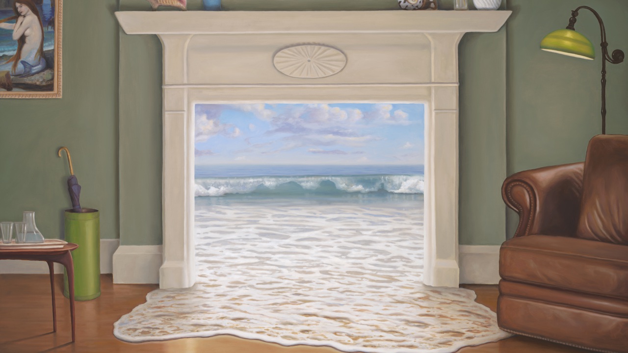 The Waterhouse, painting of the ocean coming through the fireplace into the living room